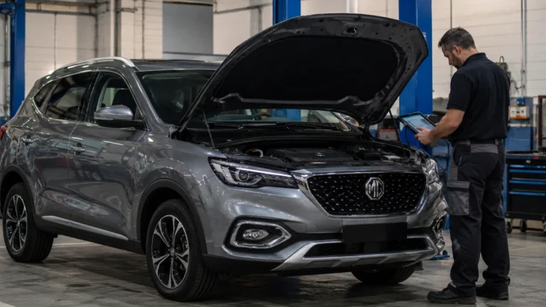 Mécanicien réalisant un diagnostic électronique sur un MG EHS hybride en atelier automobile