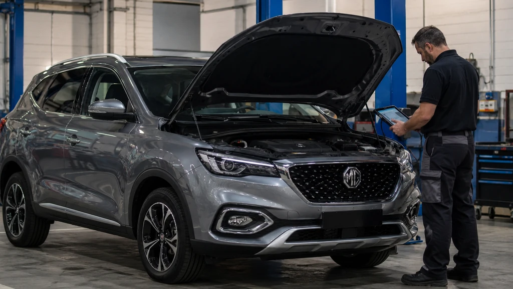 Mécanicien réalisant un diagnostic électronique sur un MG EHS hybride en atelier automobile