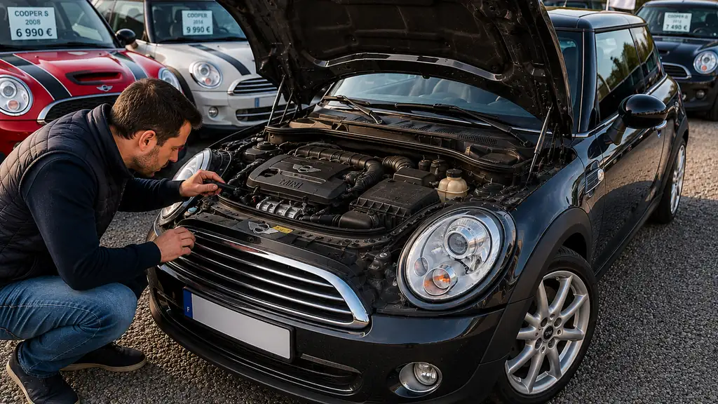 Acheteur inspectant le moteur d’une Mini Cooper d’occasion avant achat