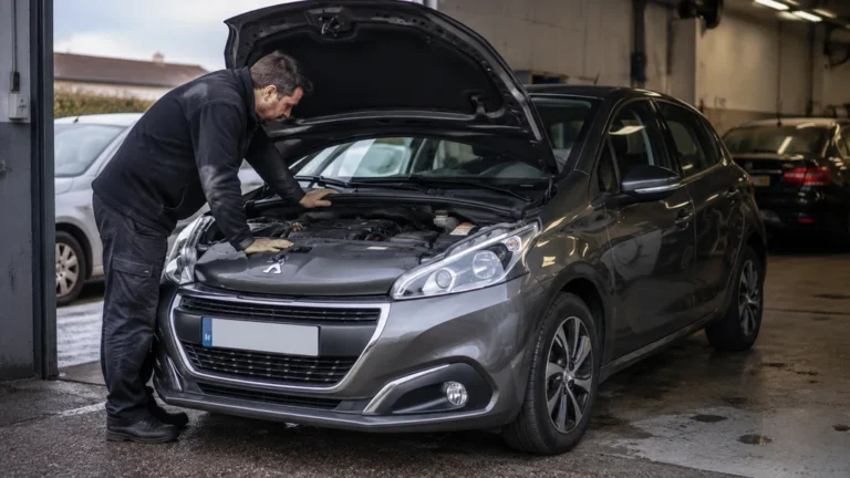 Mécanicien inspectant le moteur d’une Peugeot 208 d’occasion dans un garage automobile