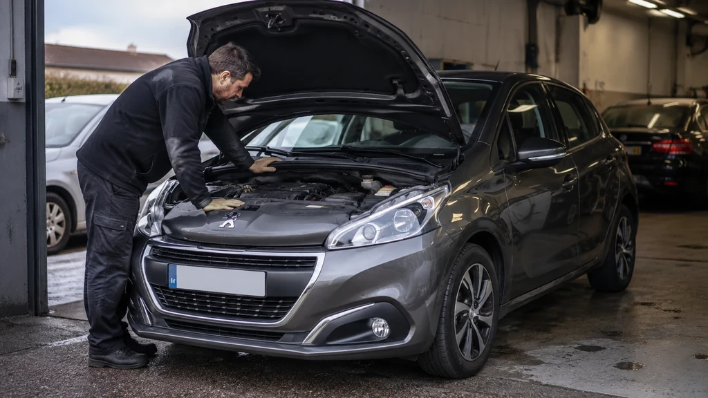 Mécanicien inspectant le moteur d’une Peugeot 208 d’occasion dans un garage automobile