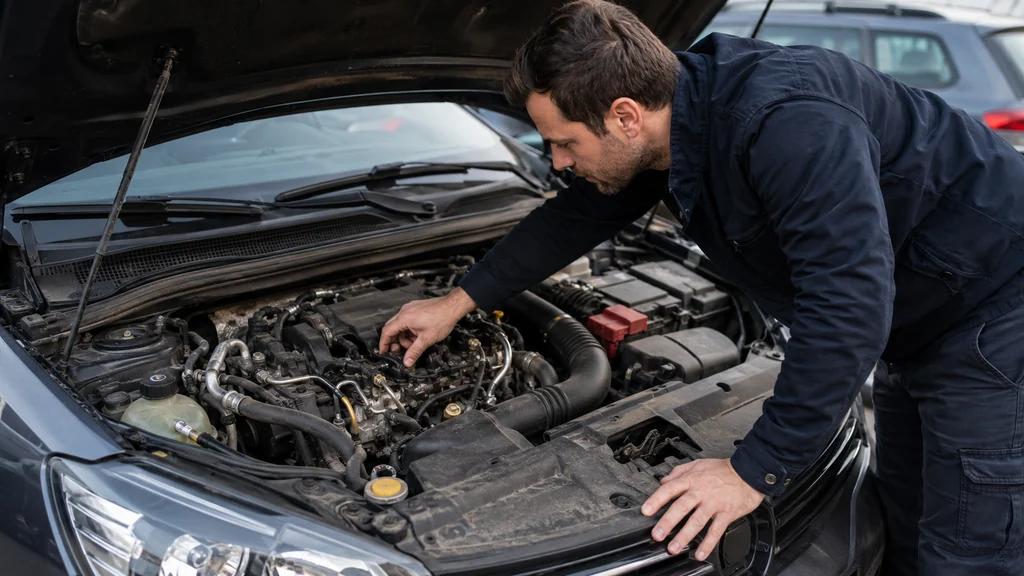 Mécanicien inspectant un moteur diesel 1.5 dCi sous le capot d’une voiture d’occasion
