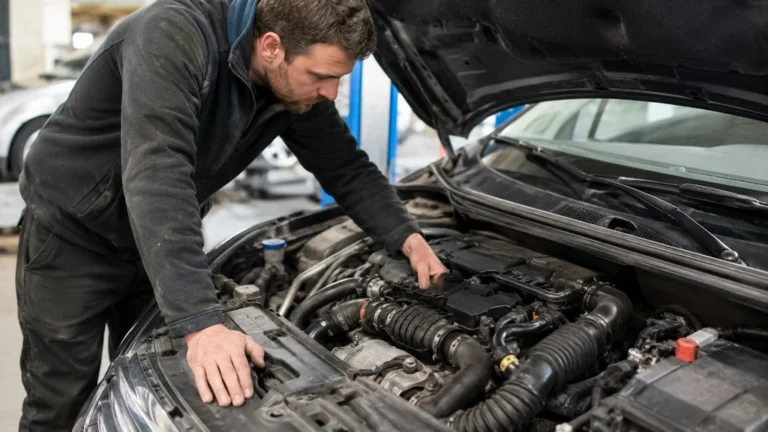 Mécanicien contrôlant un moteur diesel 1.6 HDi dans un atelier automobile