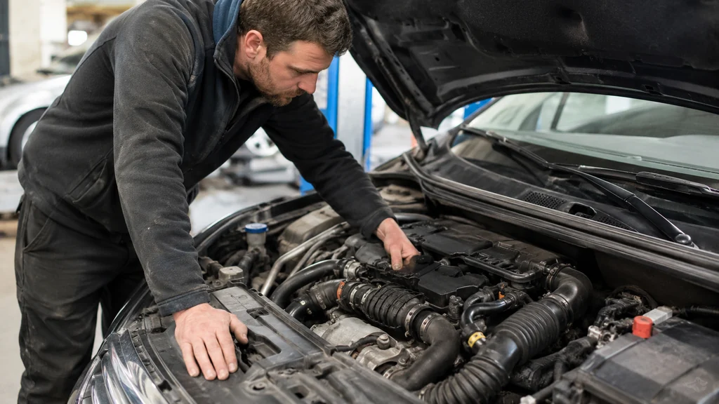 Mécanicien contrôlant un moteur diesel 1.6 HDi dans un atelier automobile