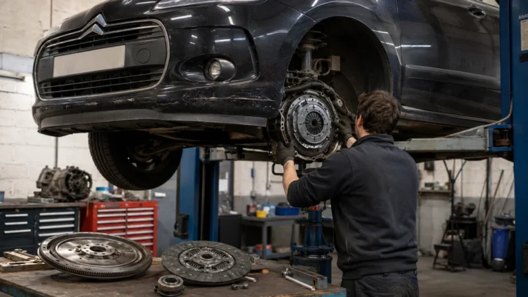 Mécanicien remplaçant un embrayage sur une voiture diesel 1.6 HDi dans un atelier automobile