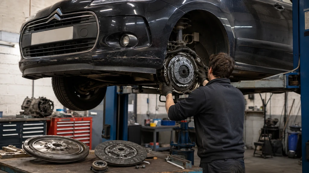 Mécanicien remplaçant un embrayage sur une voiture diesel 1.6 HDi dans un atelier automobile