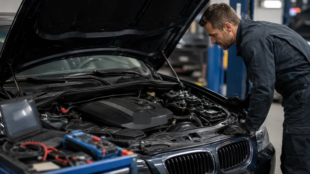 Mécanicien inspectant le moteur N47 d’une BMW dans un garage automobile