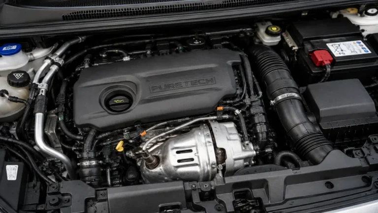 Moteur PureTech 1.2 essence sous le capot avec cache moteur et éléments mécaniques visibles.