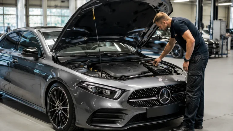 Mécanicien inspectant le moteur d’une Mercedes d’occasion dans un atelier automobile