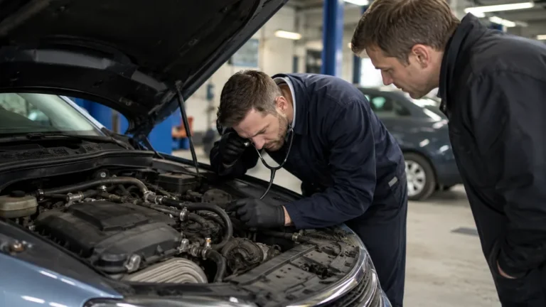 Mécanicien inspectant un moteur à chaîne dans un garage avant l’achat d’une voiture d’occasion