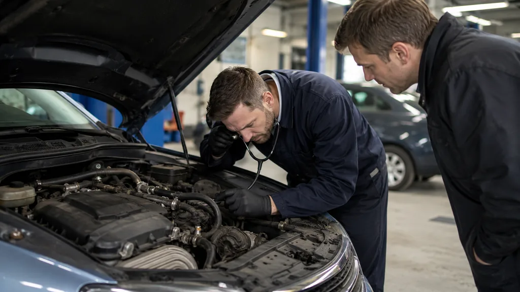 Mécanicien inspectant un moteur à chaîne dans un garage avant l’achat d’une voiture d’occasion