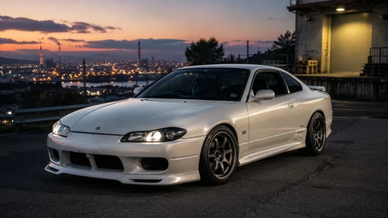 Nissan Silvia S15 blanche stationnée au crépuscule dans une ambiance urbaine japonaise
