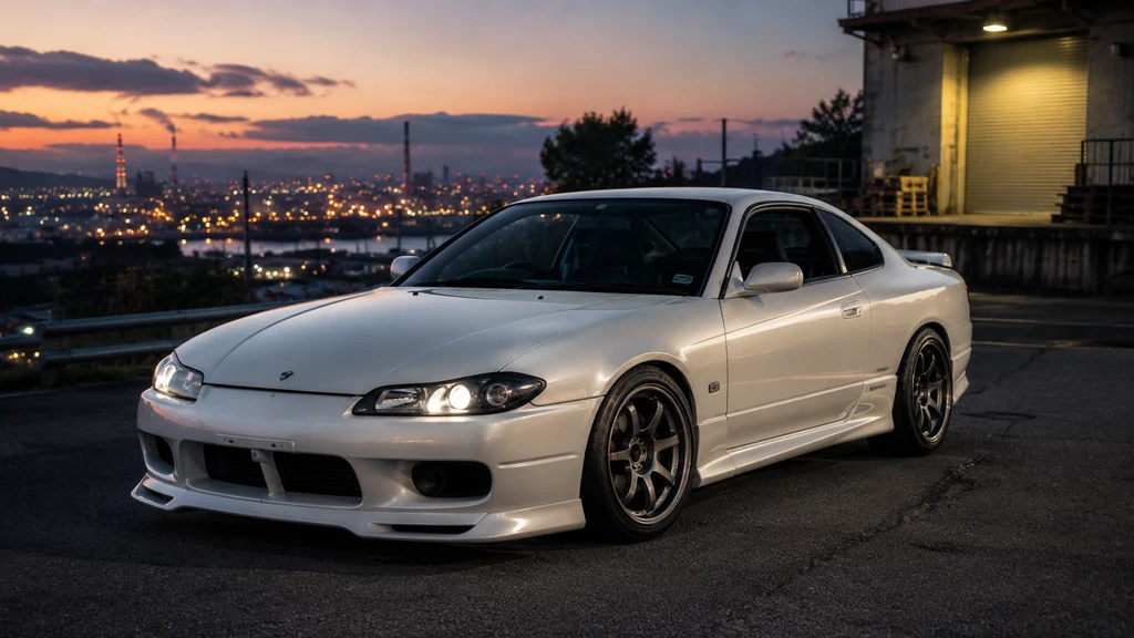 Nissan Silvia S15 blanche stationnée au crépuscule dans une ambiance urbaine japonaise