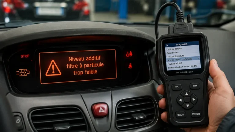 Message niveau additif filtre à particule trop faible affiché sur le tableau de bord d’une voiture diesel