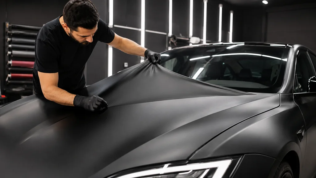 Technicien appliquant un film covering noir mat sur le capot d’une voiture dans un atelier automobile