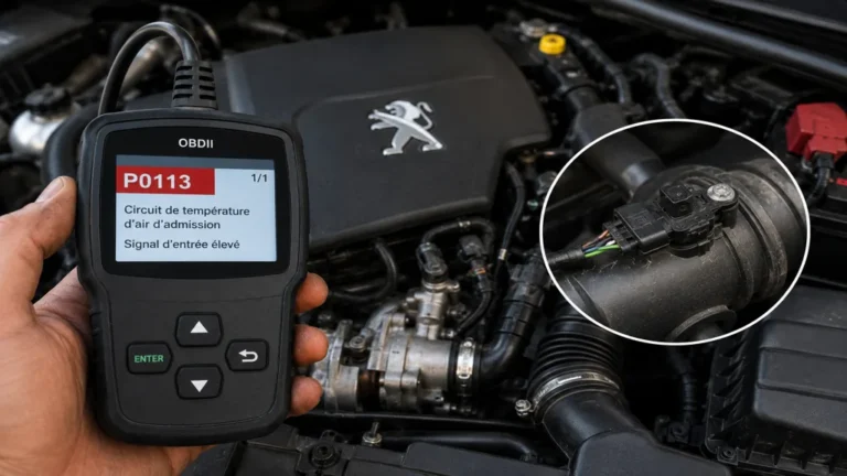 Diagnostic du code défaut P0113 sur Peugeot avec lecteur OBD branché et capteur de température d’air d’admission dans le compartiment moteur.