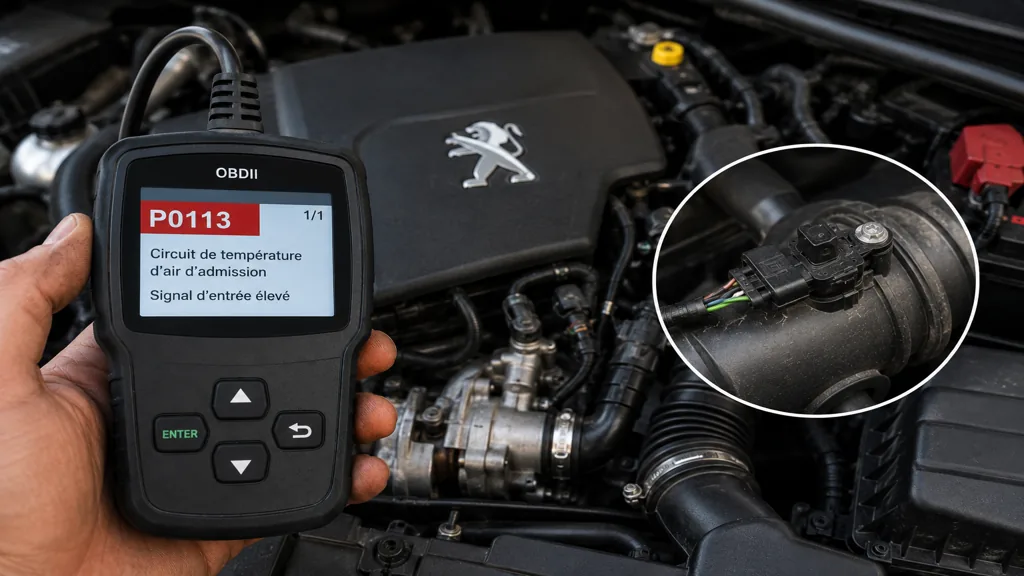 Diagnostic du code défaut P0113 sur Peugeot avec lecteur OBD branché et capteur de température d’air d’admission dans le compartiment moteur.