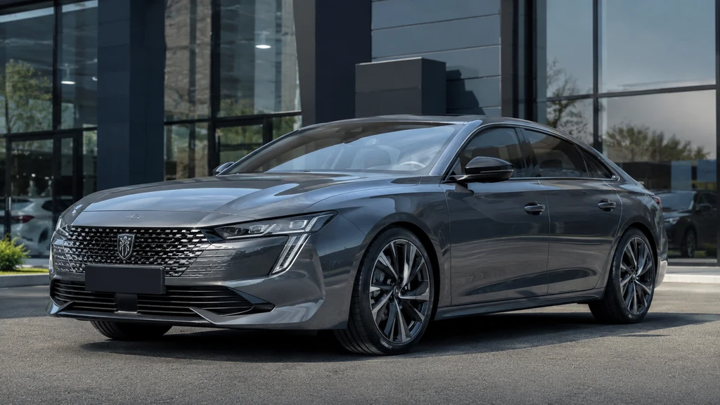 Grande berline Peugeot moderne stationnée devant une concession automobile contemporaine