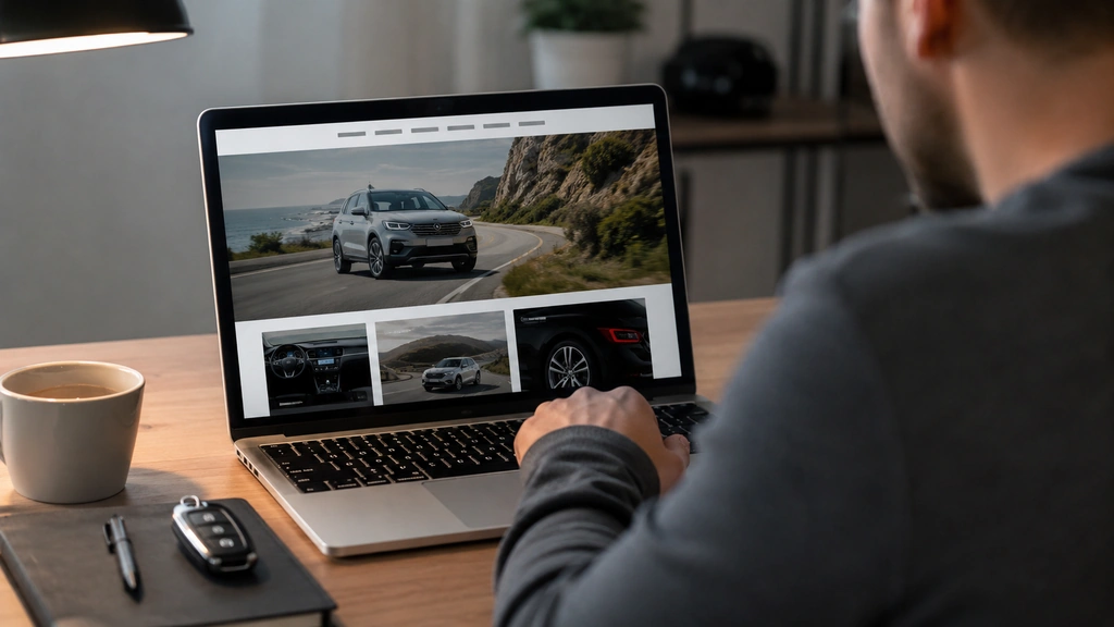 Utilisateur consultant un webmagazine automobile sur ordinateur avec des clés de voiture sur le bureau