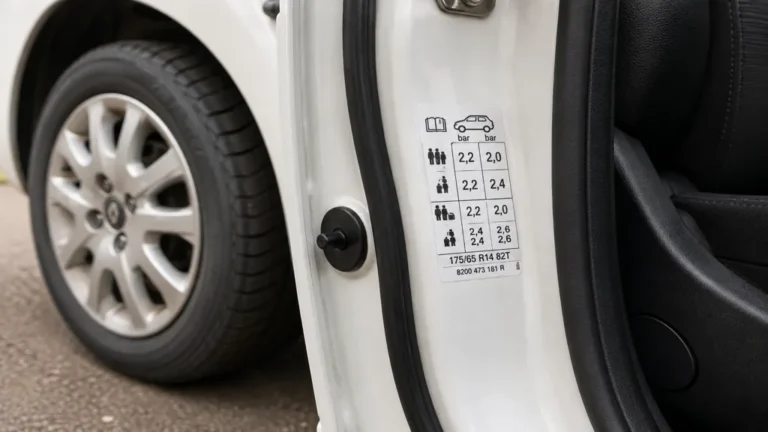 Étiquette de pression et dimension de pneu sur la portière d’une Renault Twingo 2 avec roue visible.