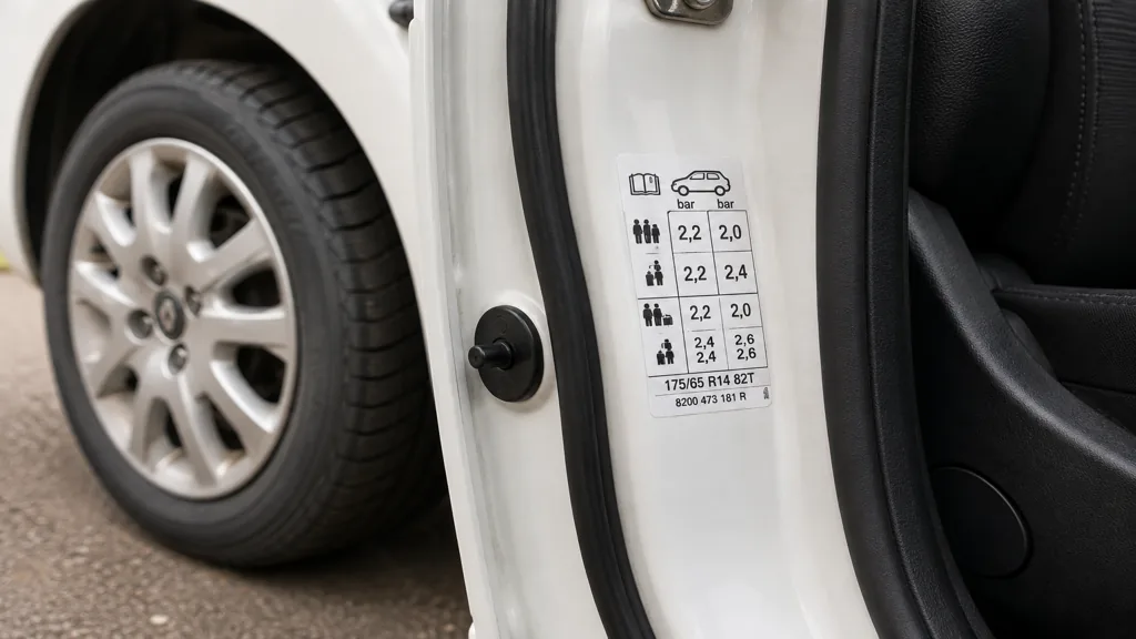 Étiquette de pression et dimension de pneu sur la portière d’une Renault Twingo 2 avec roue visible.