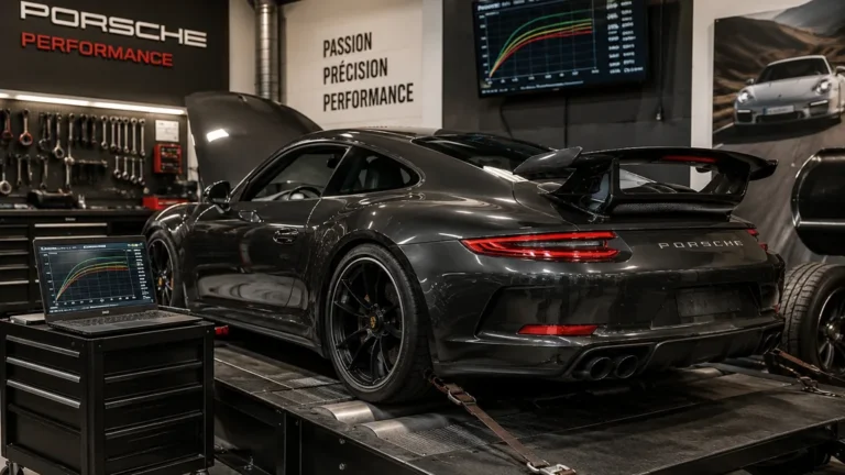 Porsche sportive sur banc de puissance dans un atelier de préparation automobile haut de gamme