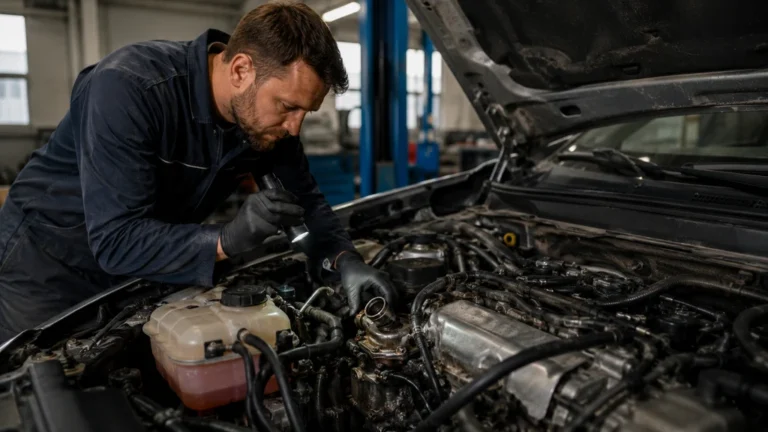 Mécanicien inspectant le refroidisseur EGR et le circuit de refroidissement d’un moteur diesel