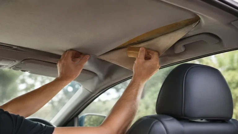 Réparation d’un ciel de toit de voiture décollé avec recollage du tissu intérieur automobile endommagé.
