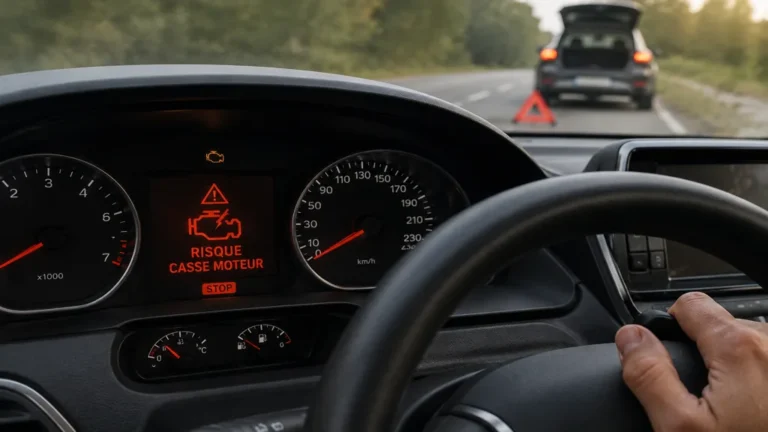 Tableau de bord affichant une alerte risque casse moteur avec voiture arrêtée en urgence sur la route.