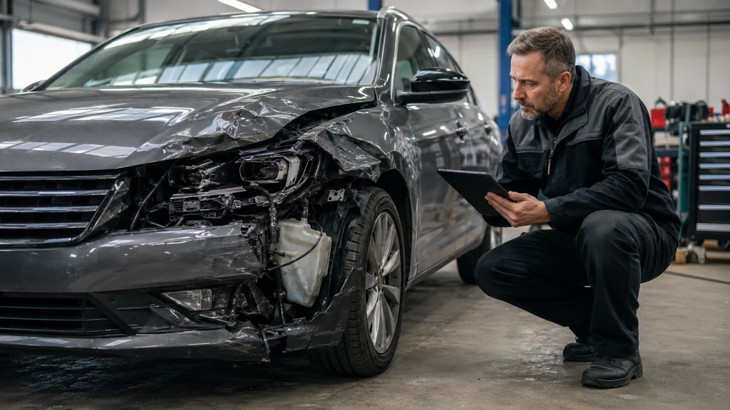 Expert automobile inspectant une voiture accidentée en atelier après un sinistre important