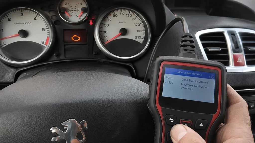 Diagnostic OBD sur une Peugeot 207 avec voyant moteur allumé au tableau de bord.