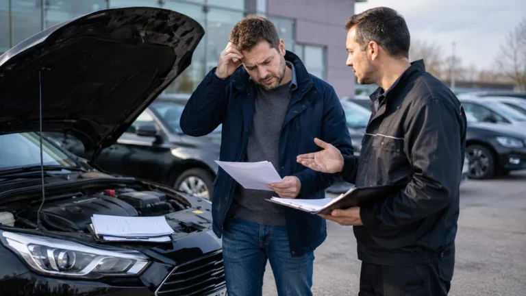 Acheteur inquiet devant une voiture d’occasion après la découverte d’un vice caché TransakAuto