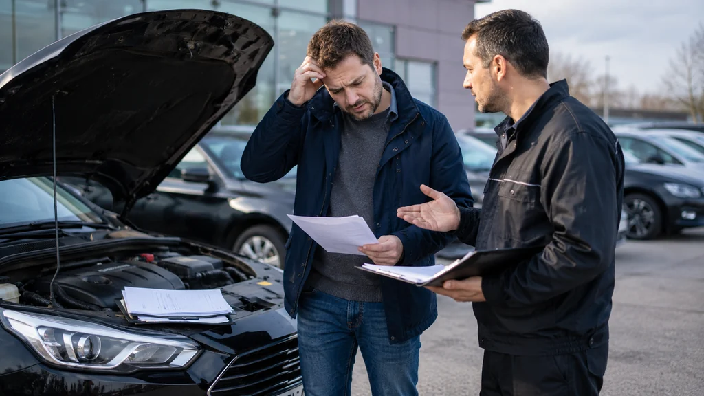 Acheteur inquiet devant une voiture d’occasion après la découverte d’un vice caché TransakAuto