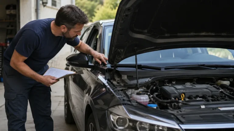 Mécanicien vérifiant le numéro VIN et le compartiment moteur d’une voiture pour identifier le code moteur
