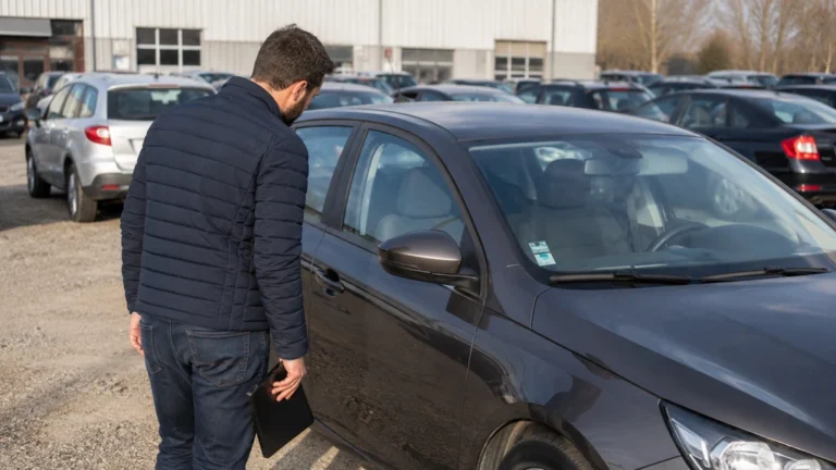 Particulier inspectant une voiture d’occasion sur un parc automobile avant une vente aux enchères
