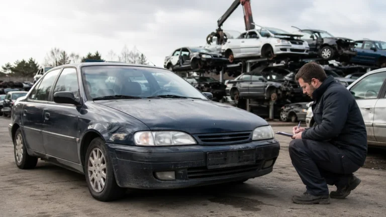 Voiture ancienne inspectée dans une casse automobile avant estimation de sa valeur de reprise