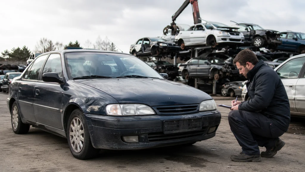 Voiture ancienne inspectée dans une casse automobile avant estimation de sa valeur de reprise