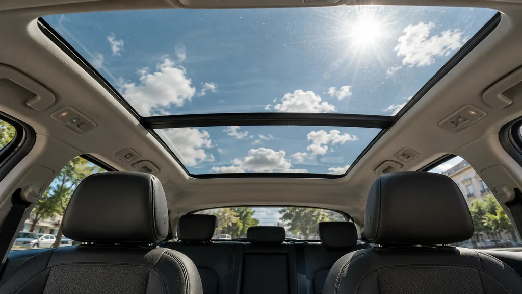 Intérieur lumineux d’une voiture avec toit panoramique donnant sur un ciel ensoleillé.