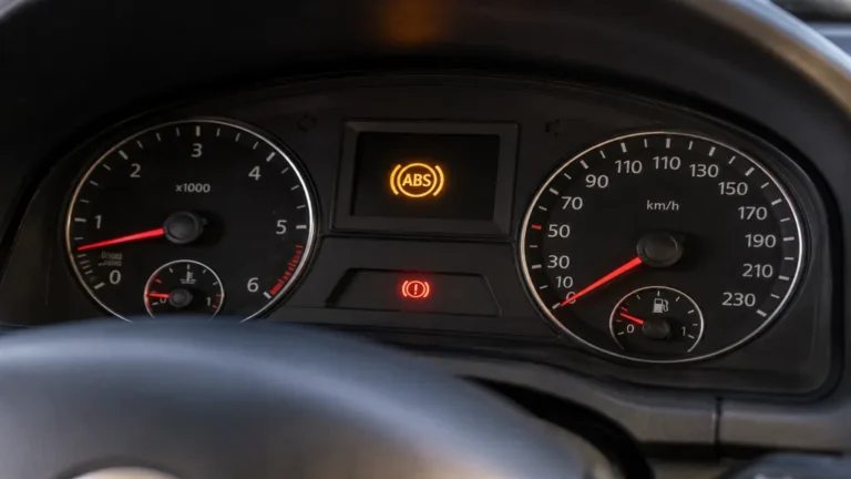 Tableau de bord de voiture affichant le voyant ABS allumé avec témoin de frein rouge.