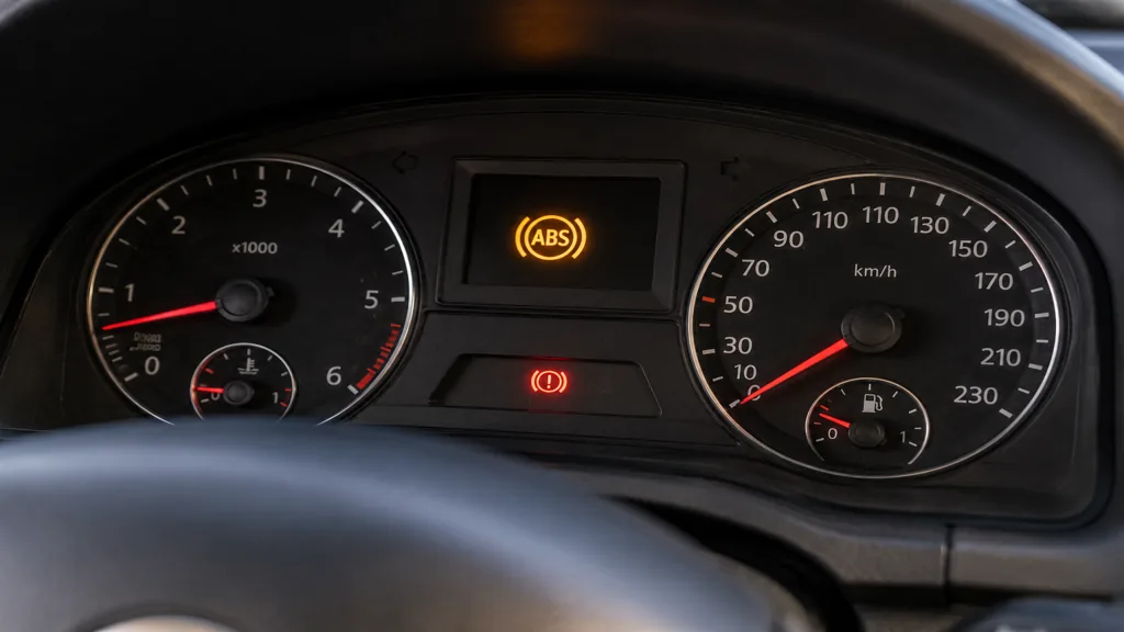 Tableau de bord de voiture affichant le voyant ABS allumé avec témoin de frein rouge.