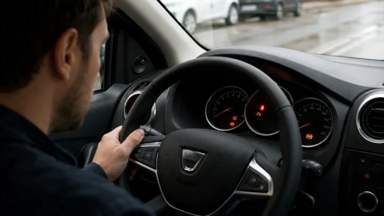 Conducteur observant les voyants allumés sur le tableau de bord d’une Dacia Sandero