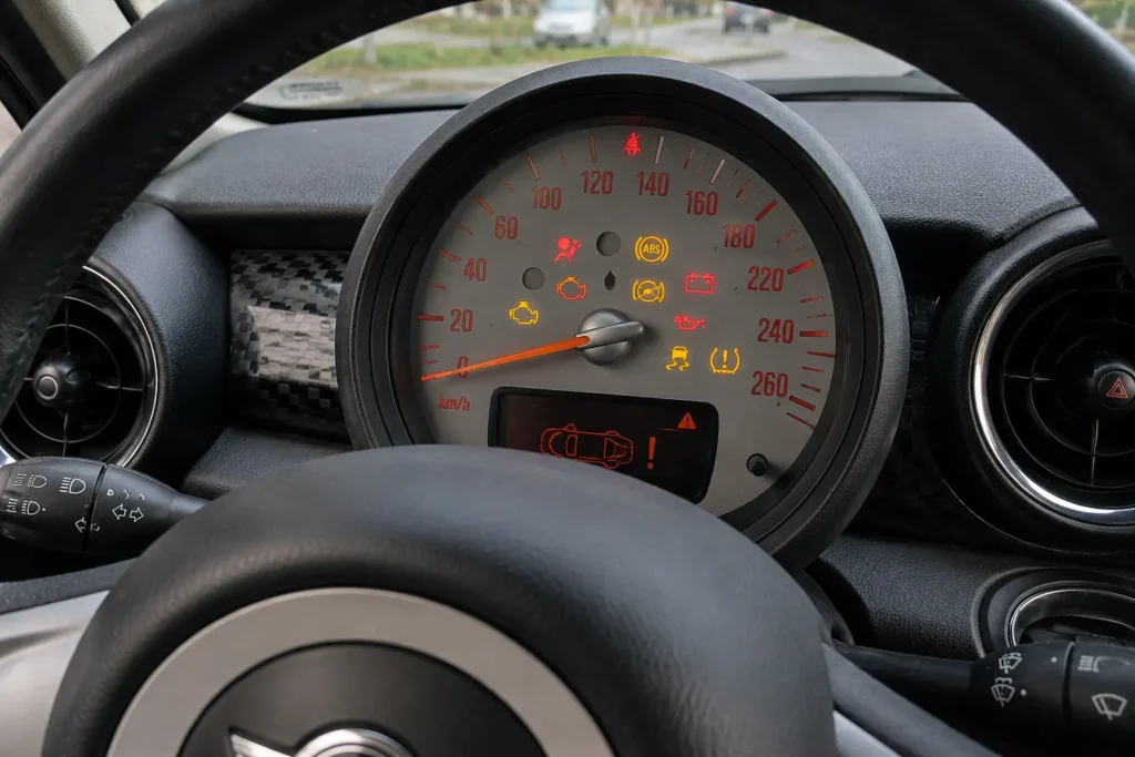 Tableau de bord de Mini Cooper avec plusieurs voyants lumineux allumés