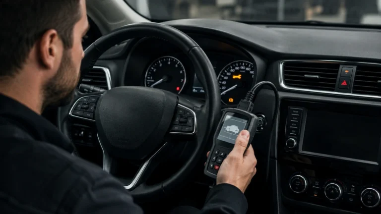Conducteur utilisant une valise diagnostic OBD pour vérifier un voyant Service allumé sur une voiture