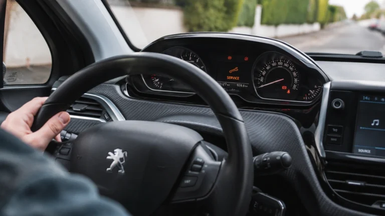 Tableau de bord d’une Peugeot 208 affichant le voyant Service orange pendant la conduite
