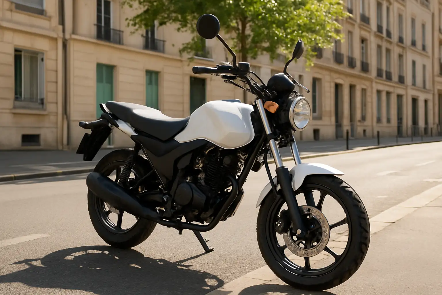 Moto 50cc homologuée route garée dans une rue urbaine en France