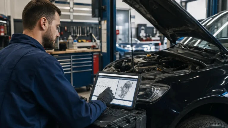 Mécanicien automobile consultant une base de données techniques sur tablette dans un atelier de réparation