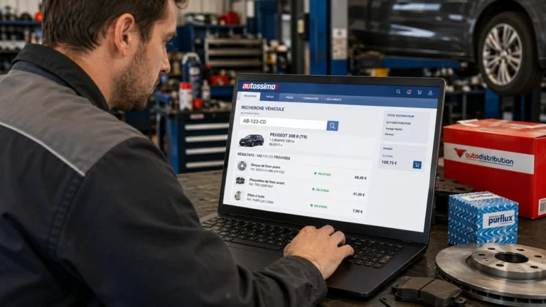 Professionnel de l’automobile utilisant Autossimo Pro sur un ordinateur dans un atelier mécanique