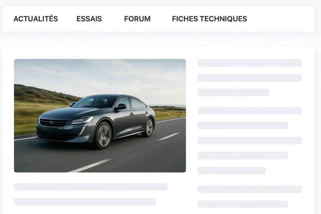 Page d’accueil d’un site automobile avec actualités, essais, forum et fiches techniques