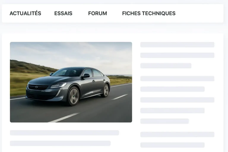 Page d’accueil d’un site automobile avec actualités, essais, forum et fiches techniques