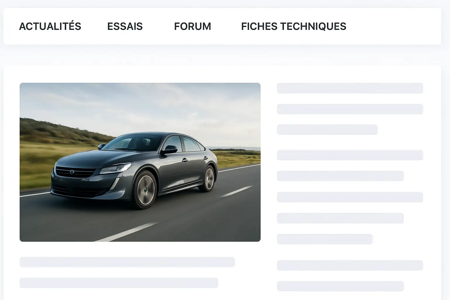 Page d’accueil d’un site automobile avec actualités, essais, forum et fiches techniques